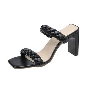 Braided two banded braided black heeled sandals